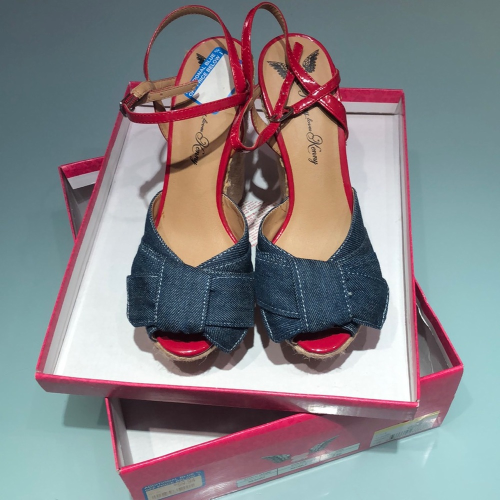 Denim, Red Patent Leather platform espadrilles NEW